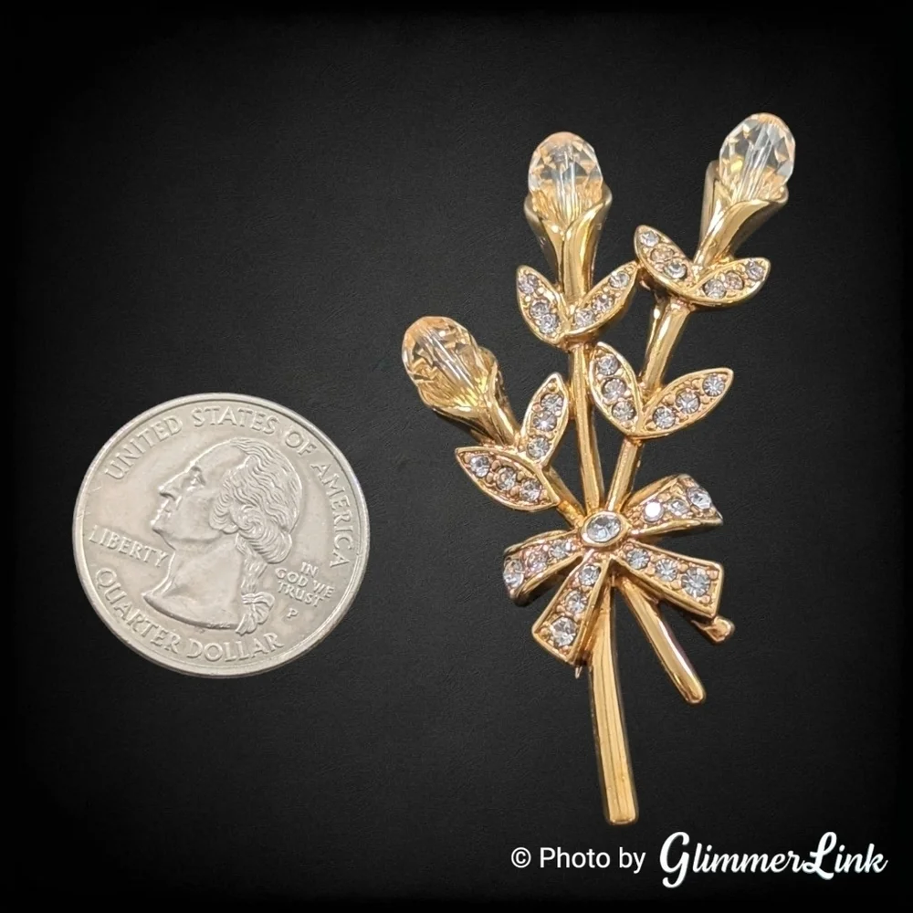 Vintage 90s Monet Floral Crystals Bouquet Bow Rhinestone Gold Tone Brooch